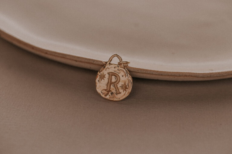 Gold intention amulet with hand engraved initial for necklaces