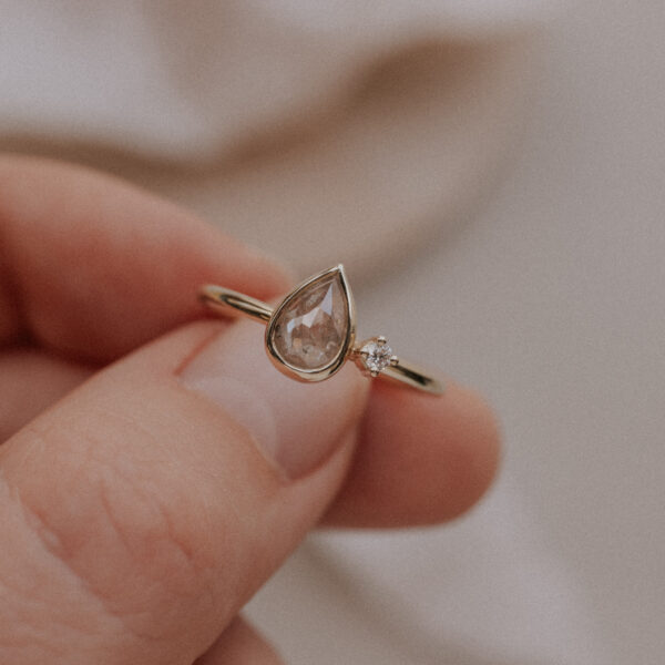 Ring with Champagne Pear Diamond and Diamond Accent – 14k Gold