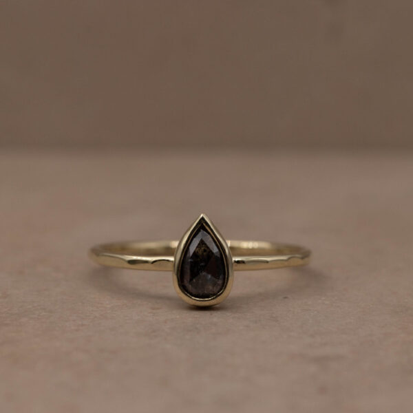 Fine Ring with Pear Salt & Pepper Diamond - 14k Gold