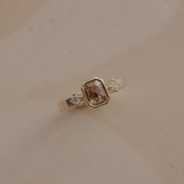 Ring with Brown/Peach Emerald Cut Diamond & Diamond Accents - 14k Gold
