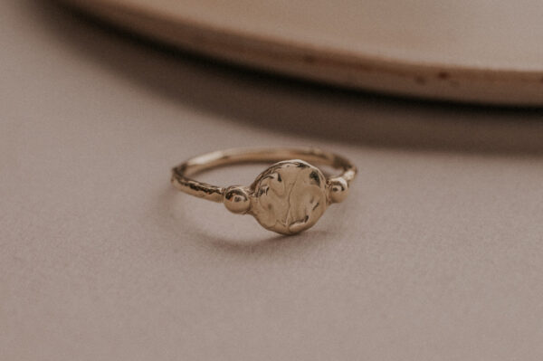 Signet style ring with two gold dots on either side