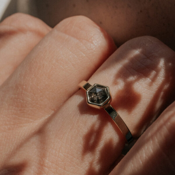 Ring with Salt & Pepper Hexagon Diamond - 14k Gold