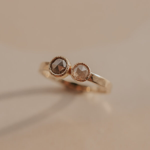 Ring with Double Rustic Diamond - 14k Gold