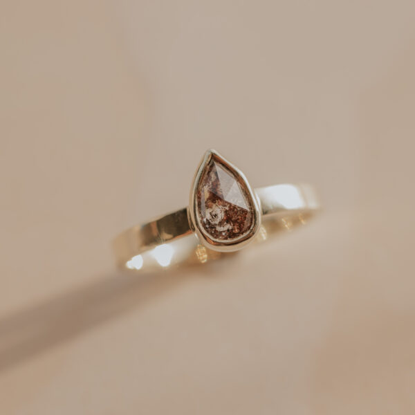 Ring with Teardrop Brown/Salt & Pepper Diamond - 14k Gold