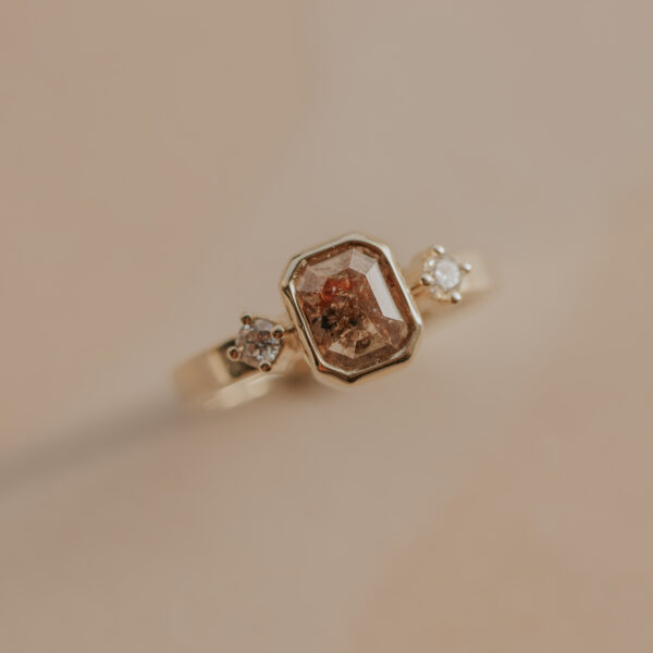 Ring with Brown/Peach Emerald Cut Diamond & Diamond Accents - 14k Gold