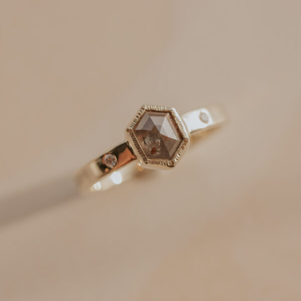 Ring with Brown/Grey Hexagon Diamond and Diamond accents - 14k Gold
