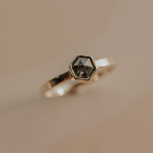 Ring with Salt & Pepper Hexagon Diamond - 14k Gold