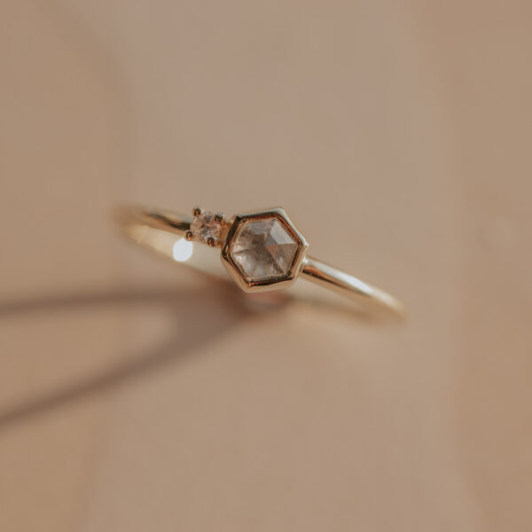 Ring with Hexagon Ice Diamond and Diamond Accent – 14k Gold